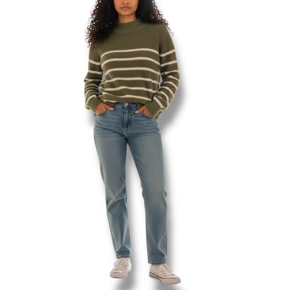 Bailey 44 Sweaters - Bailey 44 fuzzy mock neck stripe sweater olive green white